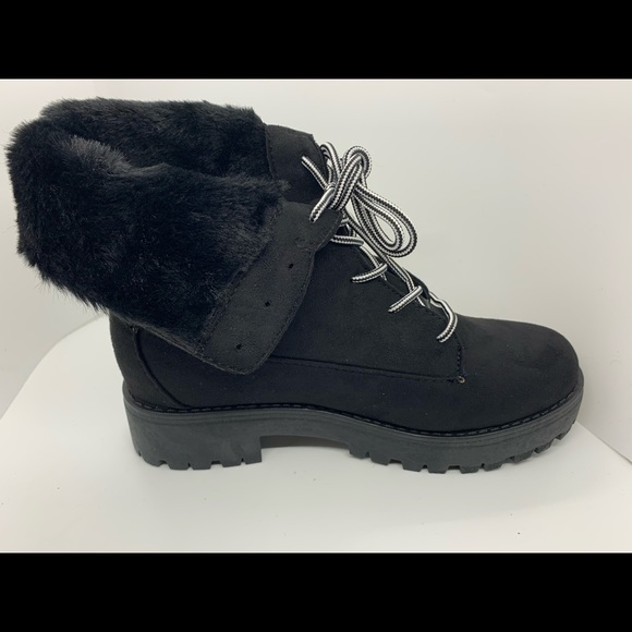 Rouge Helium Shoes - flip down furry faux suede lace boots black